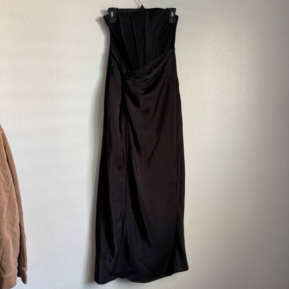 Hello Molly Black Strapless Satin Maxi with Twist Knot & High Slit - Picture 5 of 9